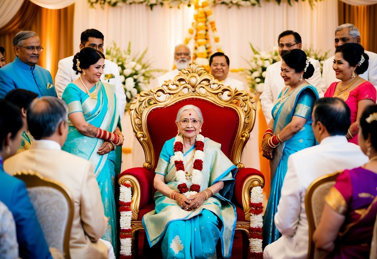 An elderly woman in traditional attire is seated on a decorated chair at the center of a wedding ceremony, surrounded by family members and adorned with flowers and ornaments