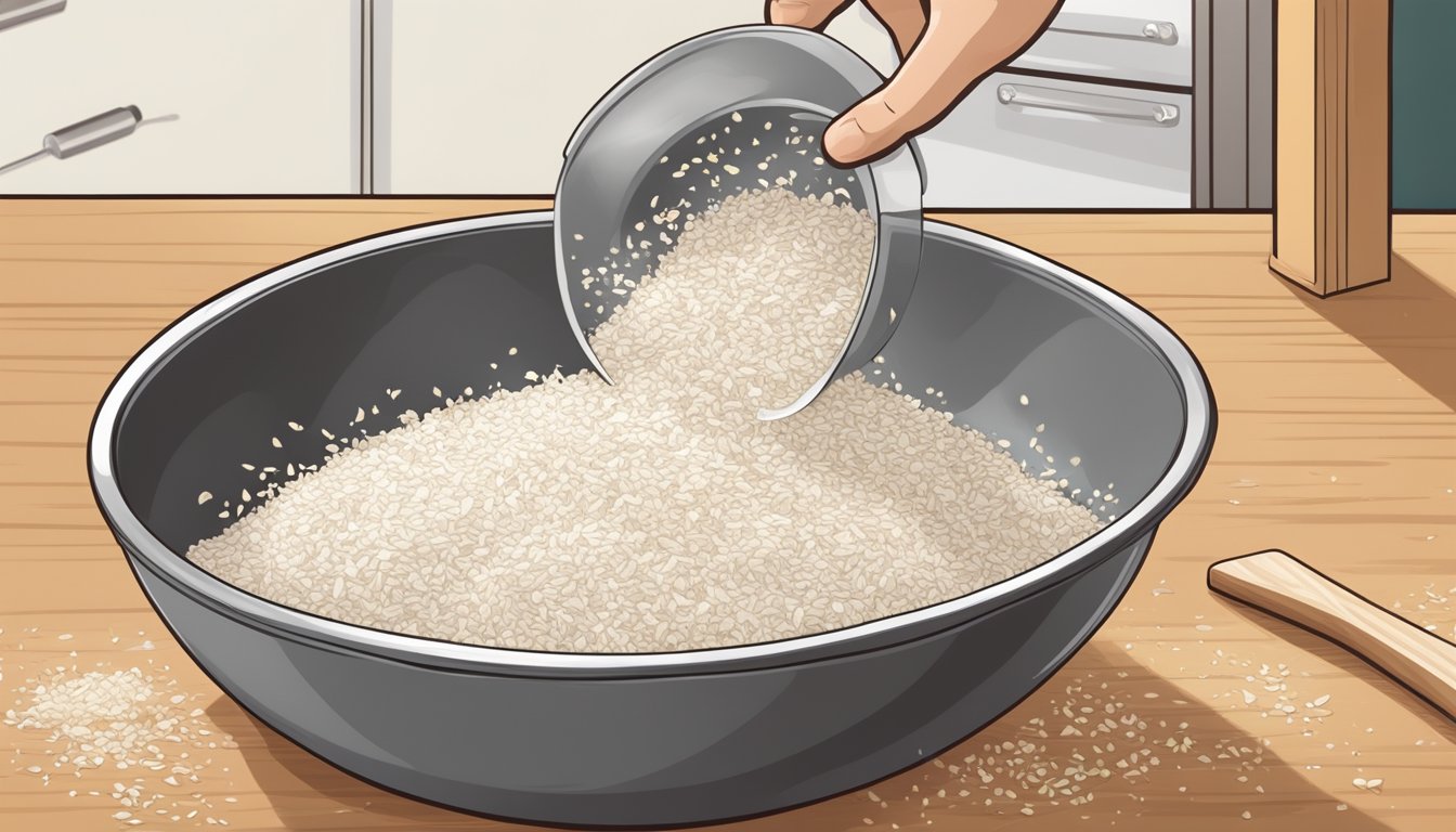 A bowl of unsweetened coconut flakes being sprinkled onto a baking sheet, ready to be used as a breadcrumb substitute