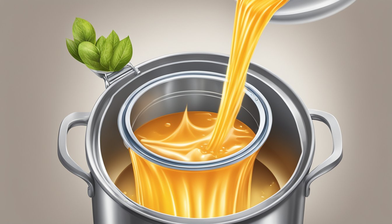 A can of V8 juice pouring into a pot of simmering ingredients