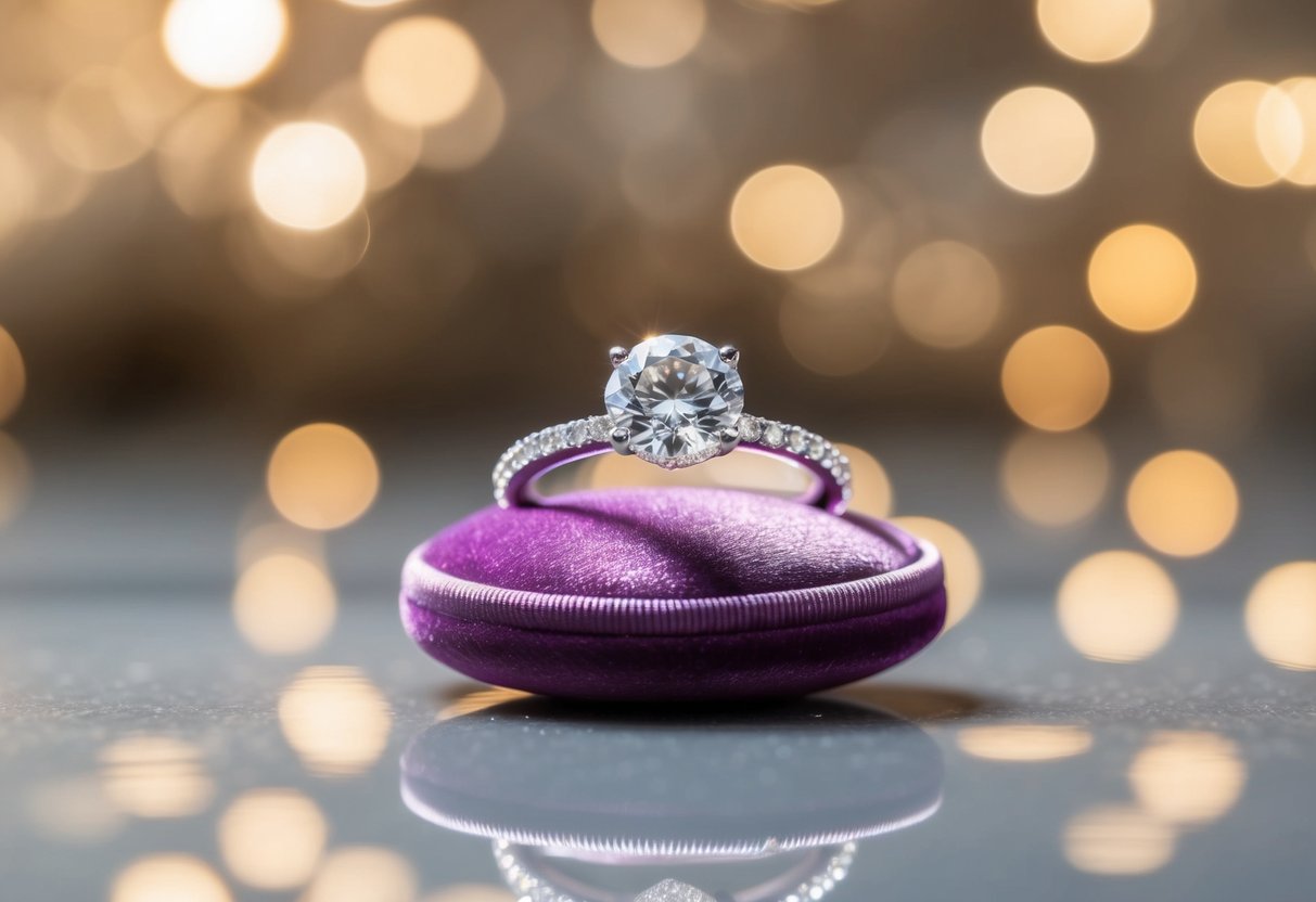 A sparkling engagement ring sits on a velvet cushion, surrounded by soft lighting and shimmering reflections