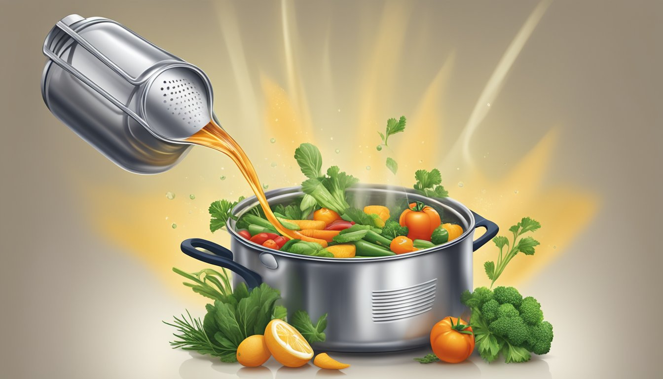 A can of V8 juice pouring into a pot of simmering vegetables and herbs, adding depth and richness to the dish