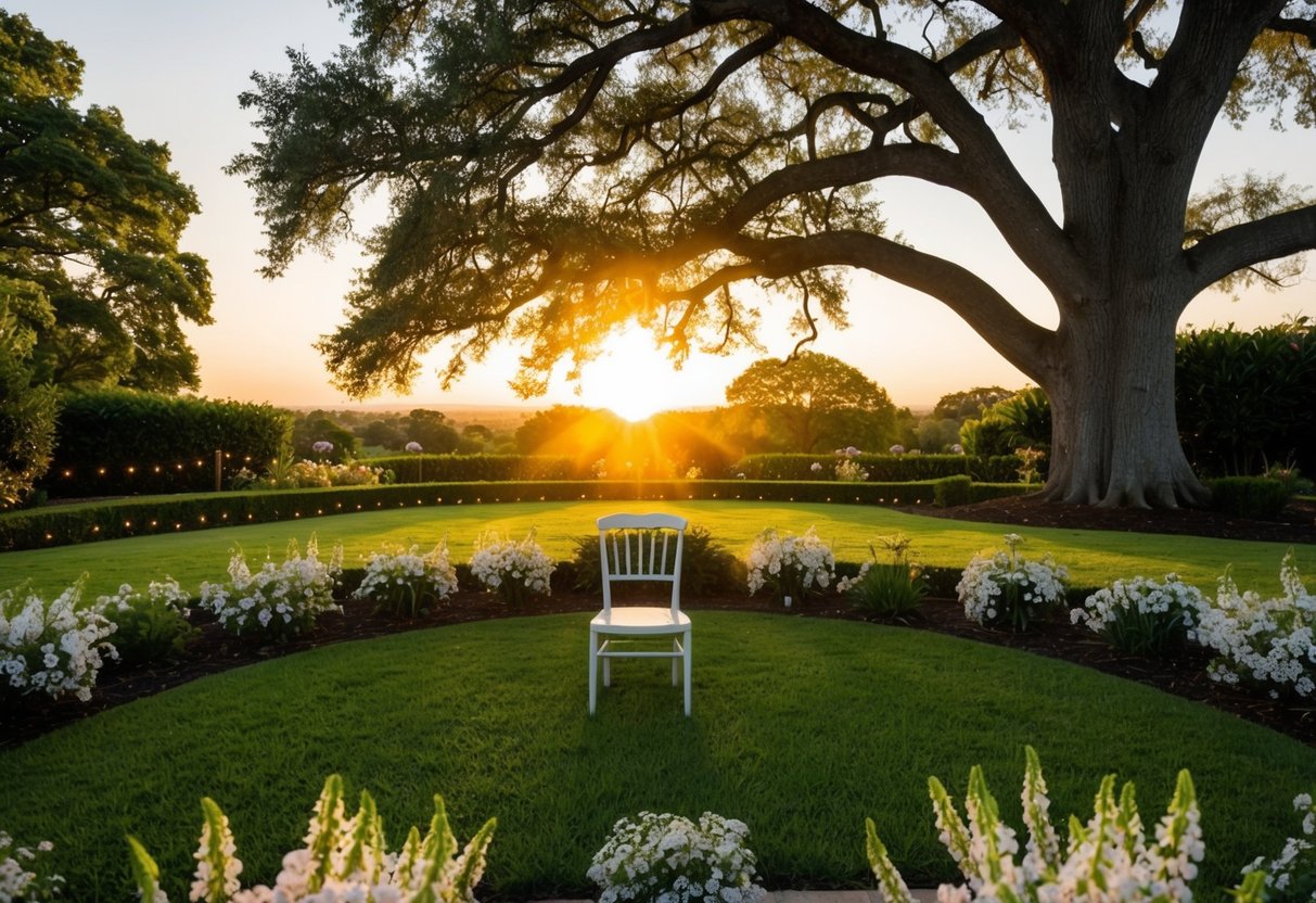 The sun sets behind a grand oak tree as a lone chair sits in the center of a lush garden, adorned with delicate flowers and surrounded by twinkling lights