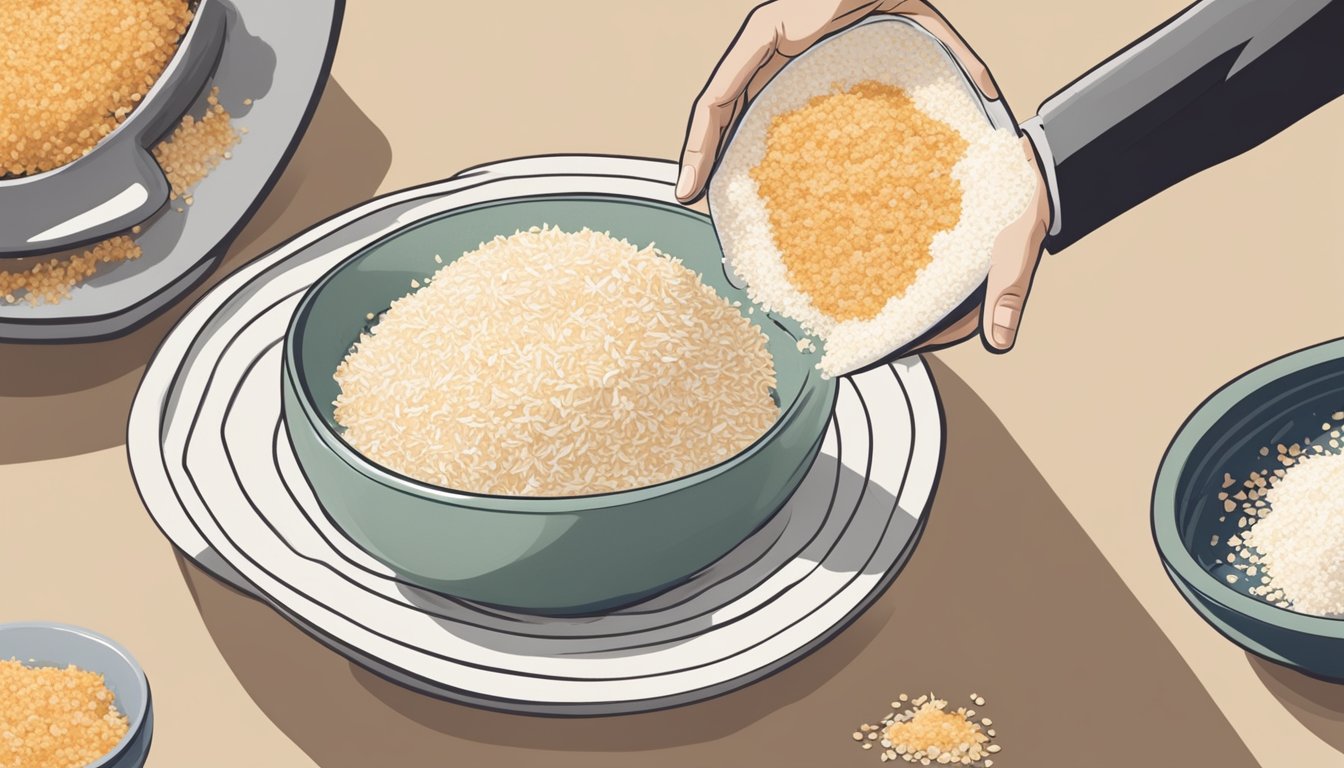 A hand reaches for a bowl of unsweetened coconut flakes next to a plate of breadcrumbs, suggesting a substitution