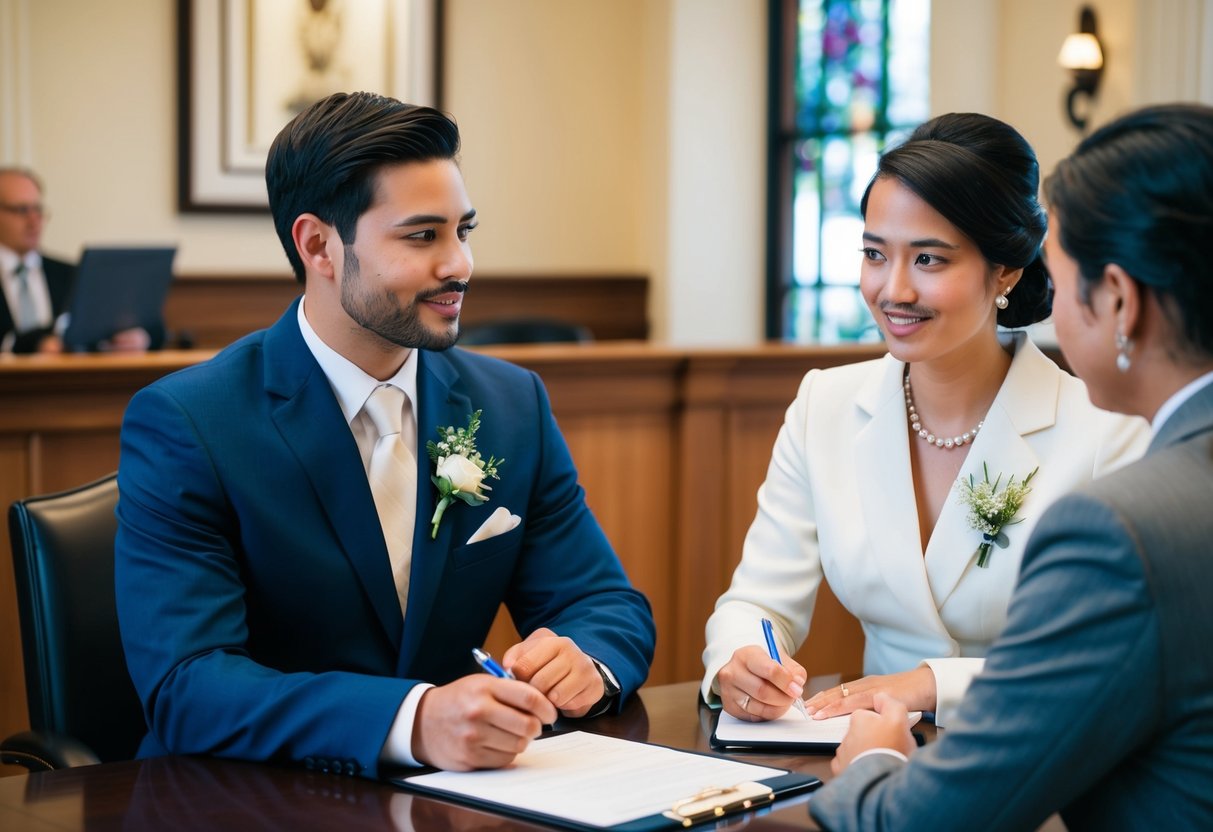 A couple sits across from a registrar at a desk, discussing details for their upcoming wedding ceremony. The registrar listens attentively, taking notes on a clipboard