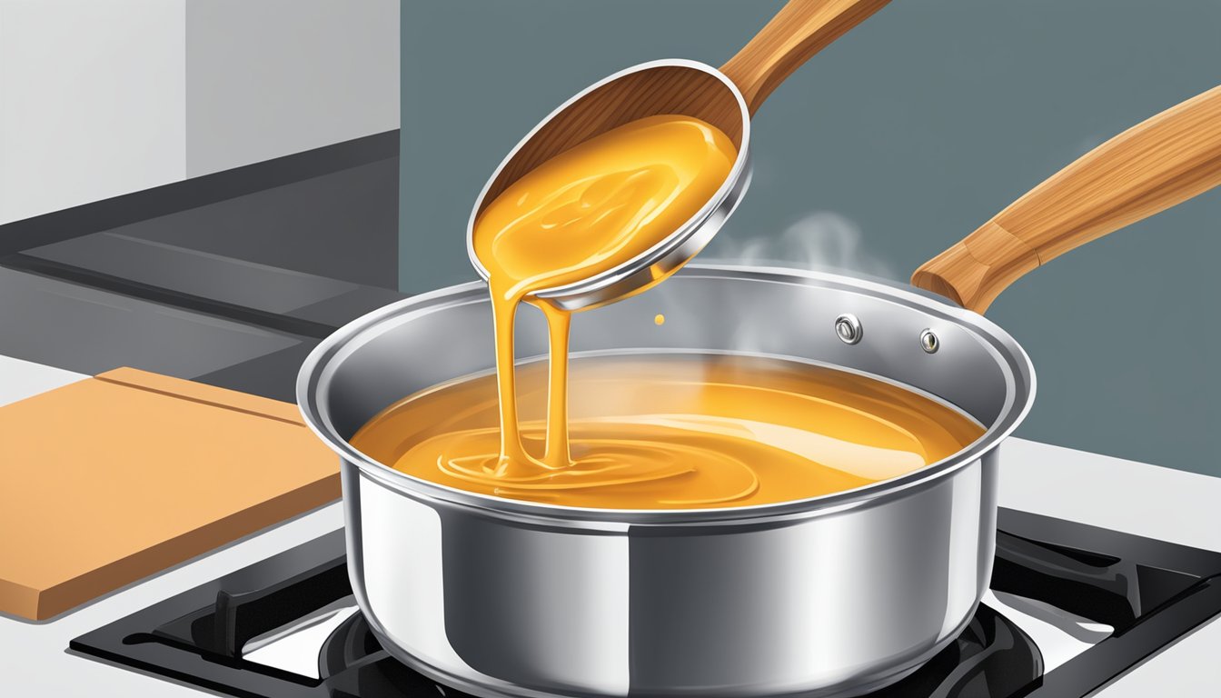 A can of V8 juice pouring into a saucepan, with a wooden spoon stirring it over a stovetop