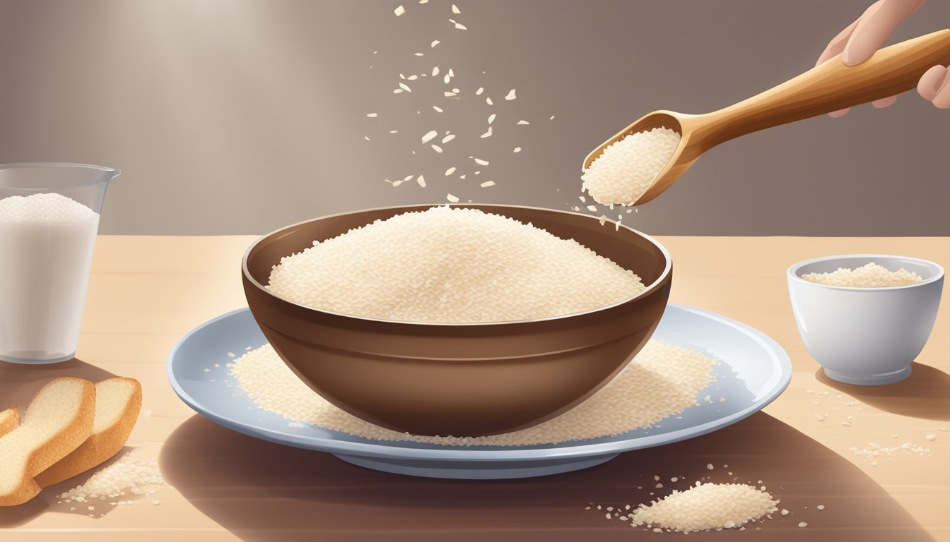 A bowl of unsweetened coconut flakes pouring out of a measuring cup onto a plate, with breadcrumbs in the background