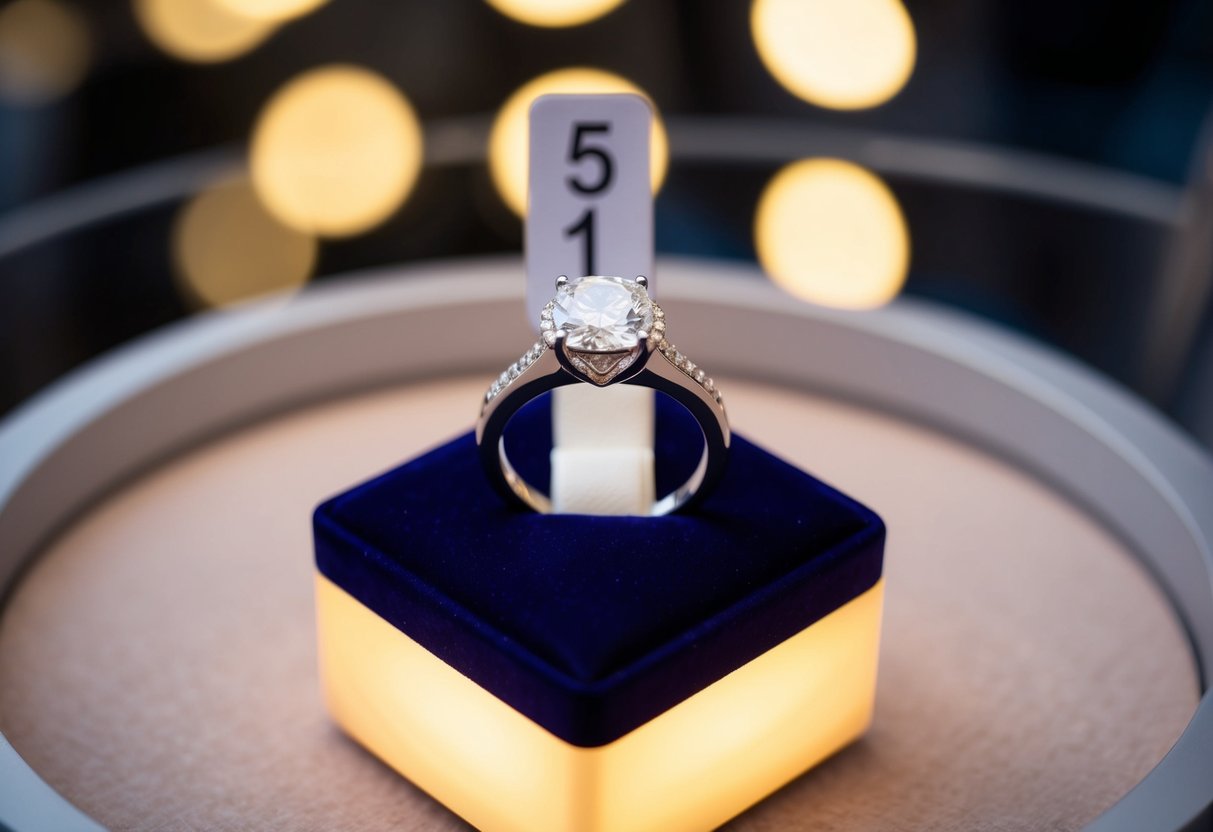 A sparkling diamond ring sits on a velvet cushion, surrounded by a soft glow. A price tag with a decreasing number is attached to the display