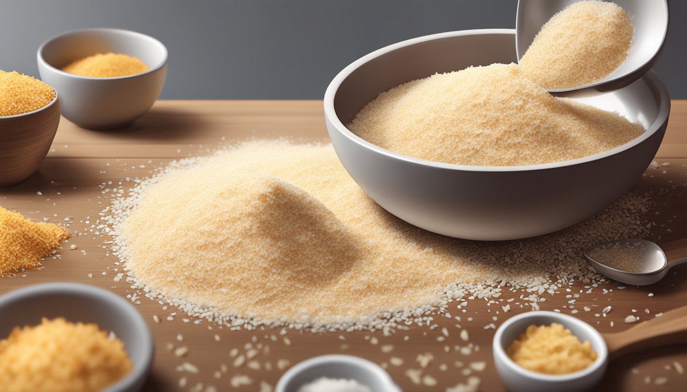 Coconut flakes sprinkled over a baking sheet next to a pile of breadcrumbs, a measuring cup pouring coconut flakes into a bowl