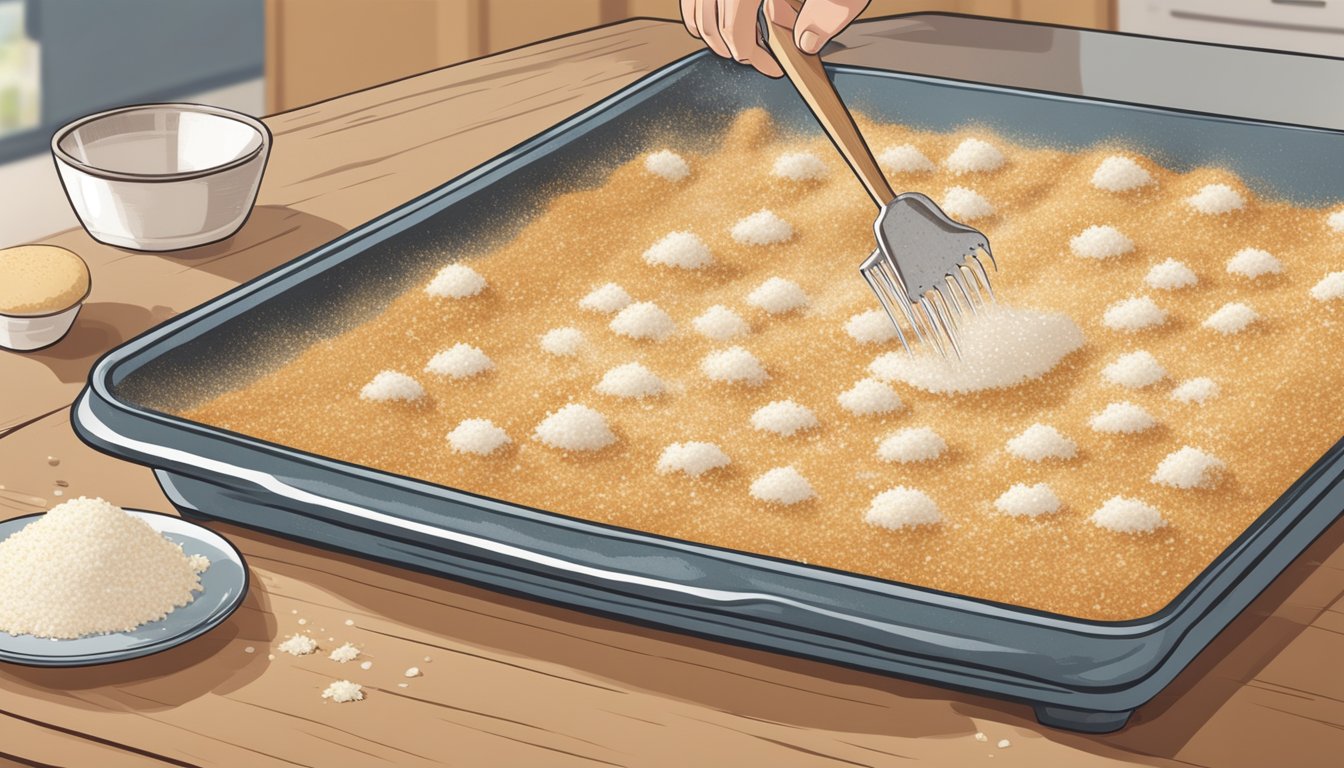 Coconut flakes being sprinkled over a baking sheet, replacing breadcrumbs in a recipe