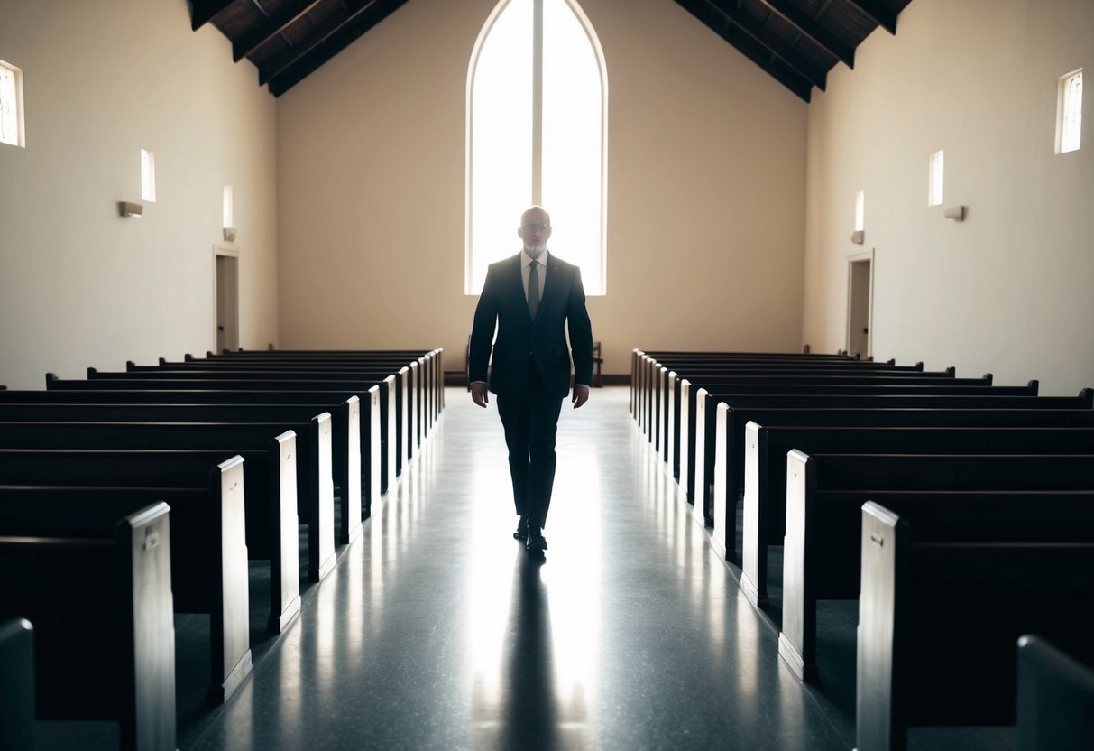 A lone figure walks confidently down the center of an empty, sunlit aisle, surrounded by empty pews