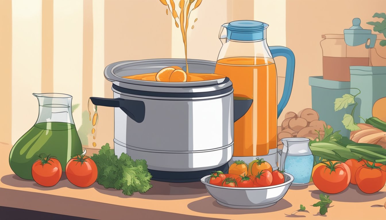 A pitcher pouring V8 juice into a pot of simmering ingredients, with tomatoes and other vegetables nearby