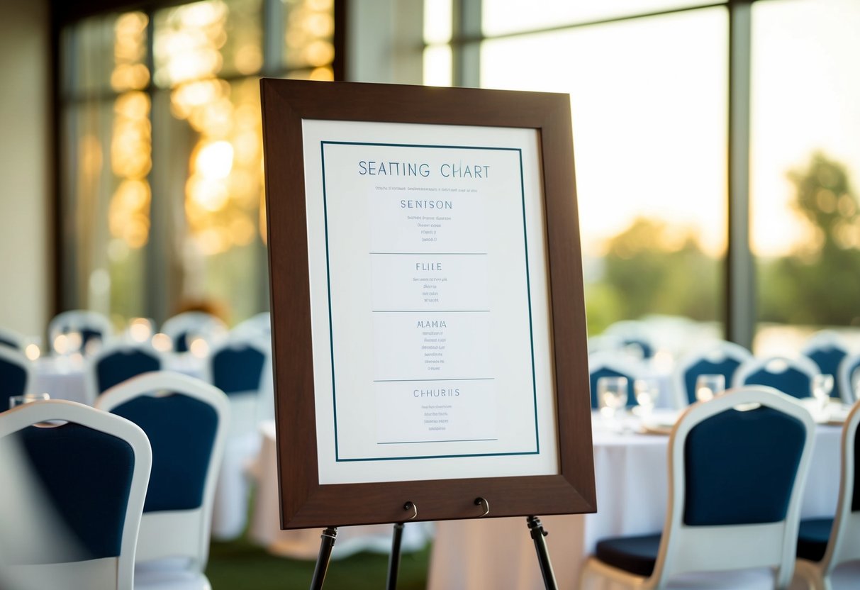 A seating chart with labeled tables and chairs