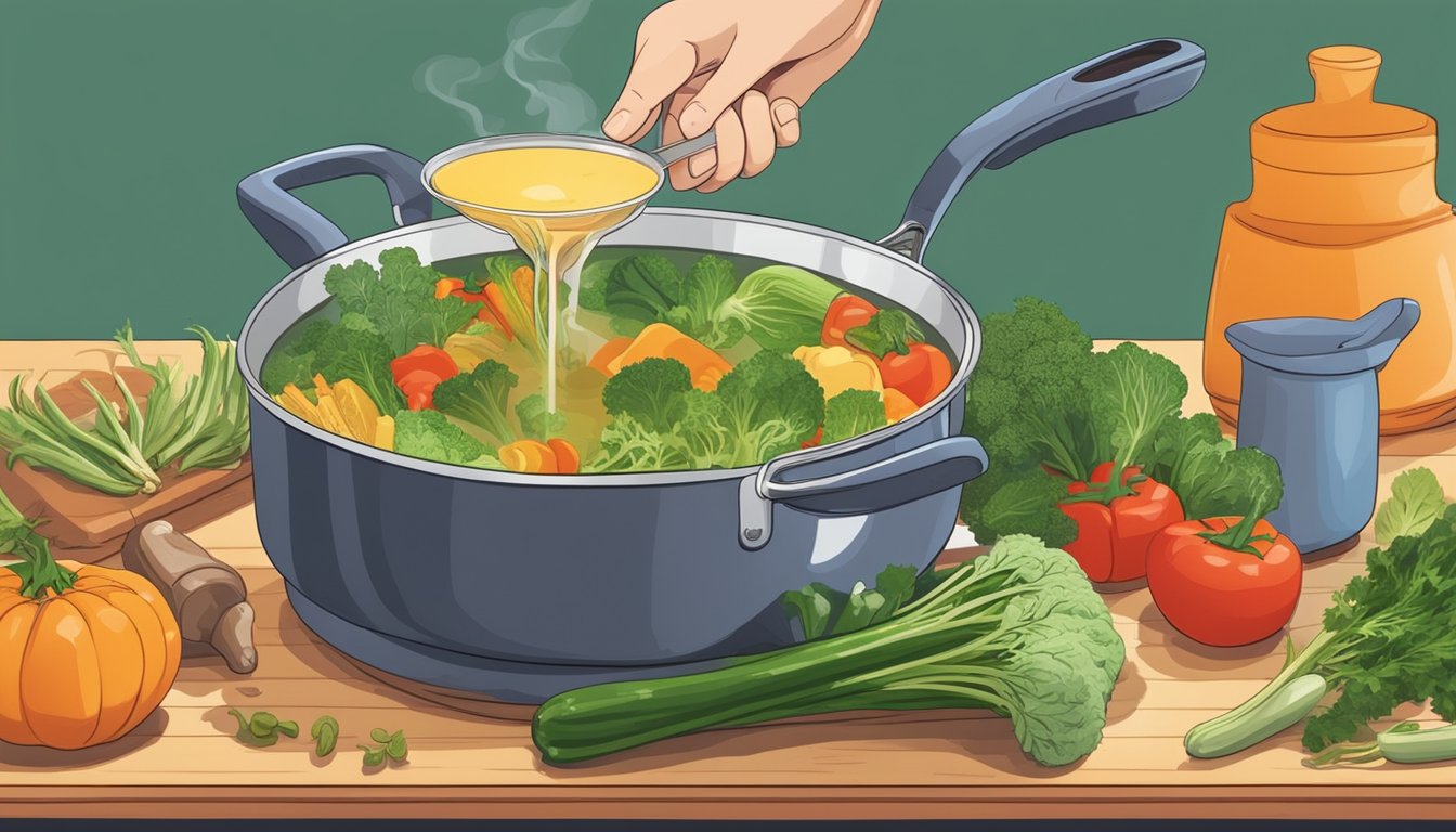 A pot on a stove, with various vegetables and herbs next to it, as a person pours a homemade vegetable broth into a measuring cup