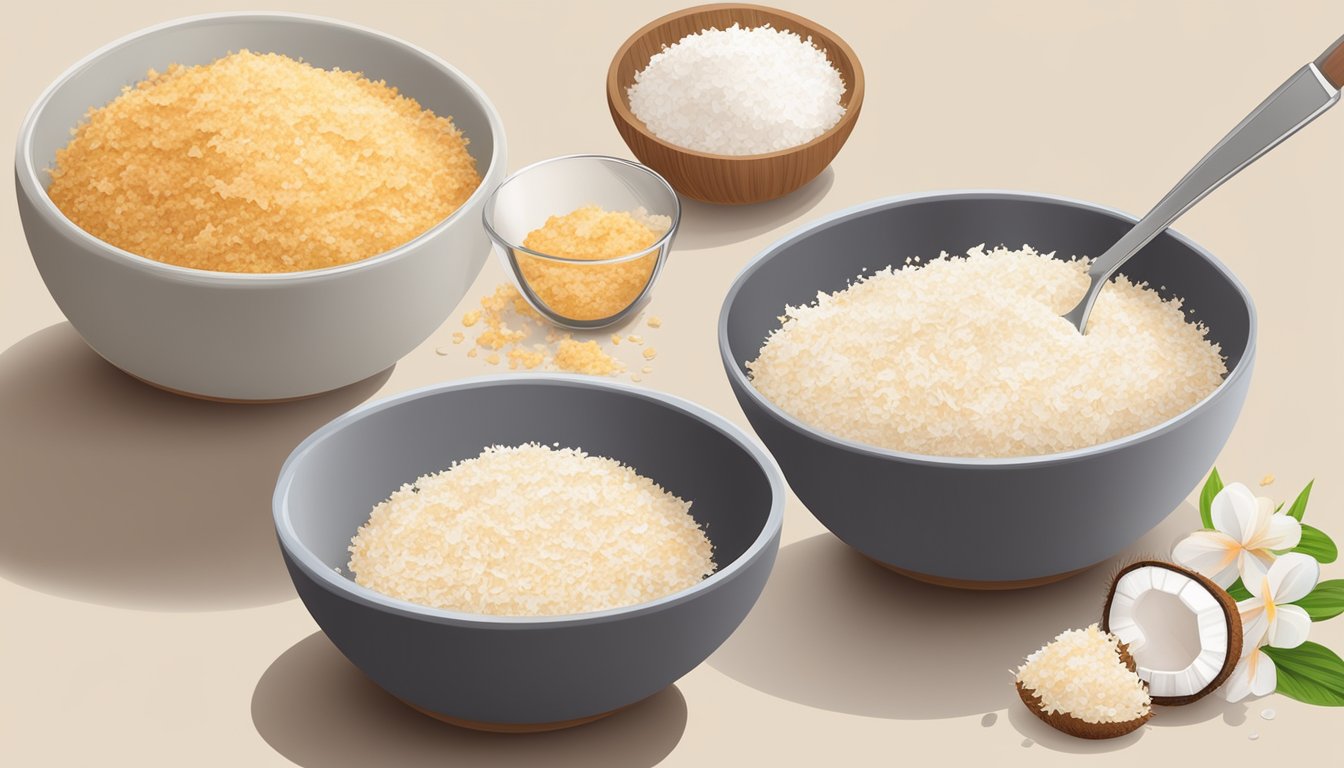 A bowl of unsweetened coconut flakes next to a bowl of breadcrumbs, with a measuring cup pouring the coconut flakes into a recipe