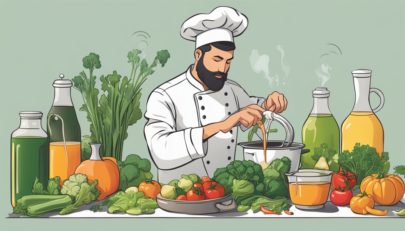 A chef pouring V8 juice into a pot of simmering sauce, with various vegetables and herbs nearby for substitution