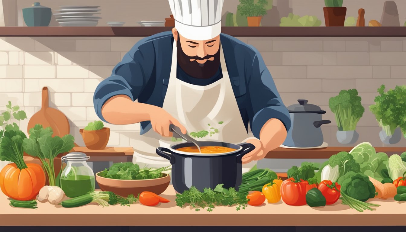 A chef pouring vegetable stock into a pot of simmering soup, with various fresh vegetables and herbs on the countertop