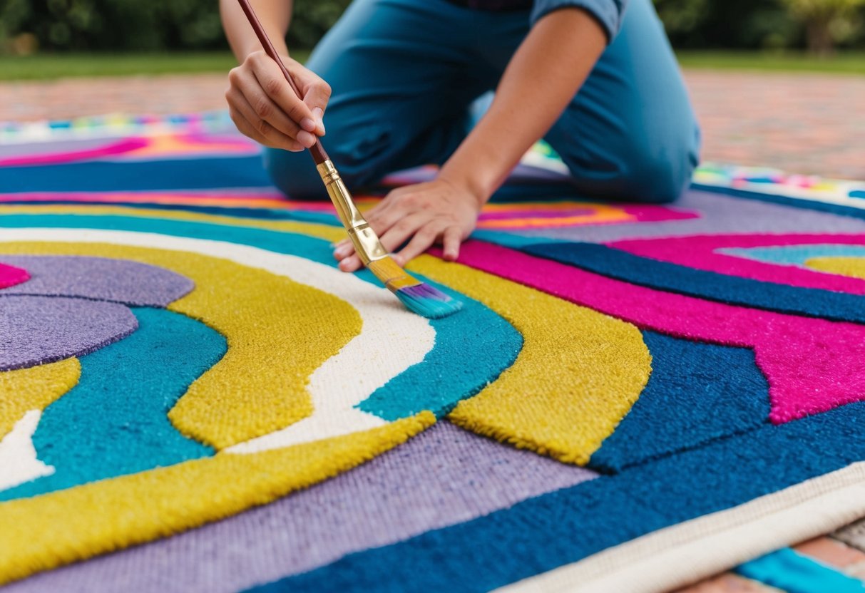 A person painting a colorful design on an outdoor rug using weather-resistant acrylic paint and a paintbrush