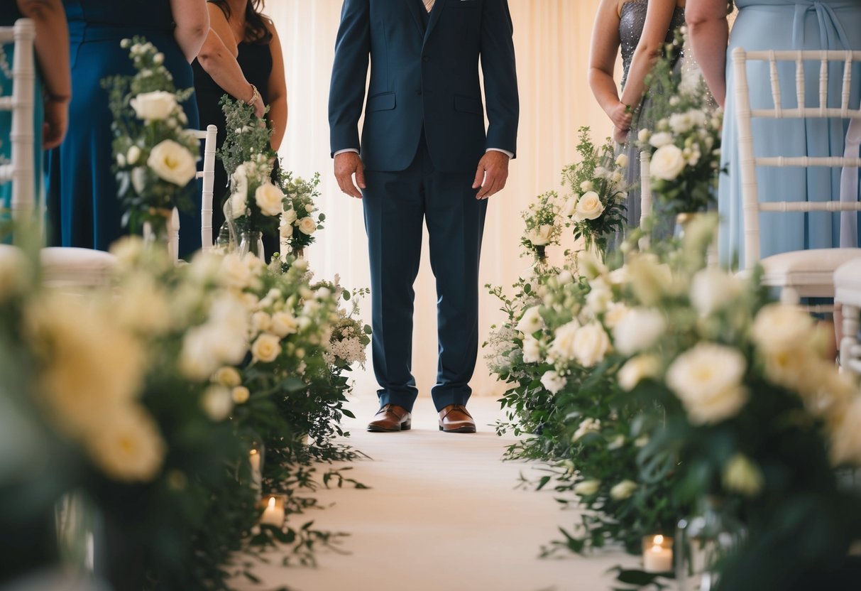 A lone figure stands at the end of a flower-lined aisle, bathed in soft light, ready to begin the wedding processional
