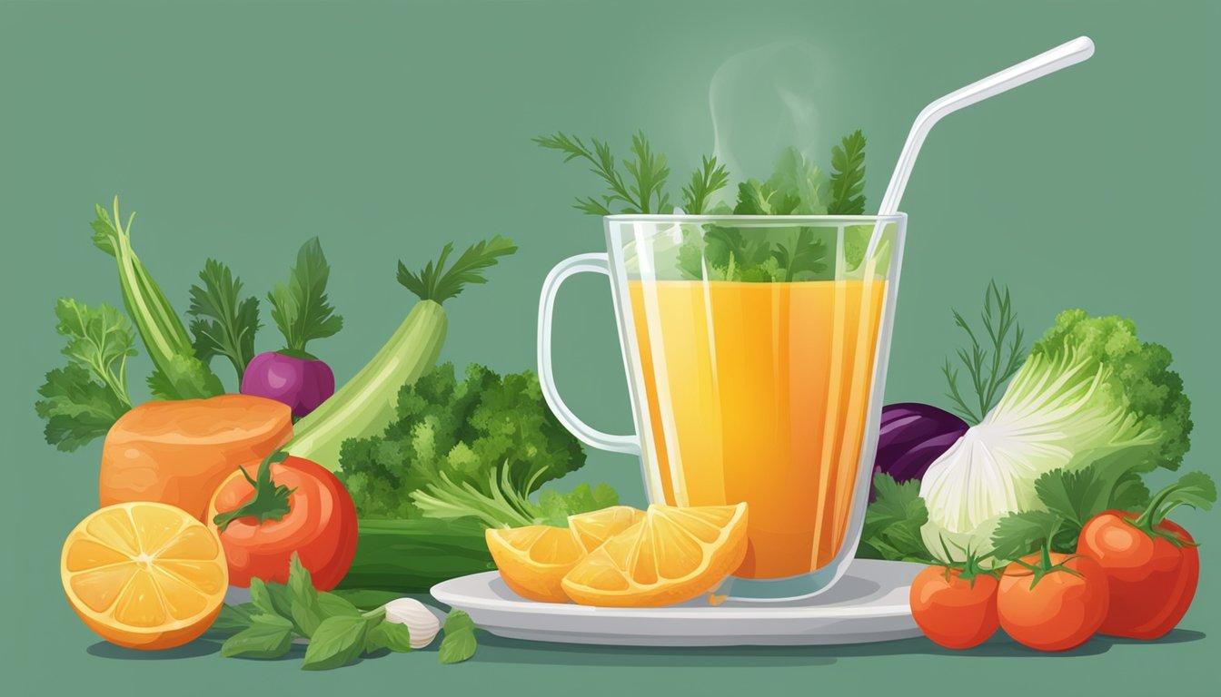 A glass of V8 juice poured into a saucepan, surrounded by fresh vegetables and herbs