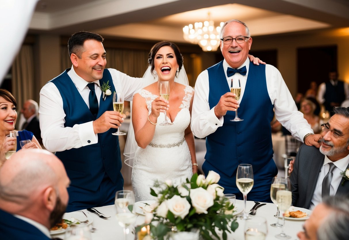 The groom's parents stand proudly, offering a toast at the wedding reception. Their joyful expressions convey their love and support for the newlyweds