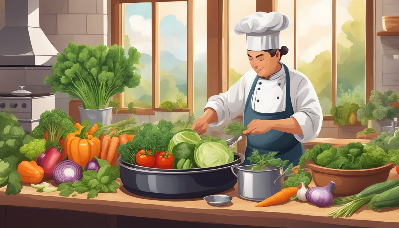 A chef pours vegetable stock into a pot, surrounded by various vegetables and herbs. A delicate dish simmers on the stove