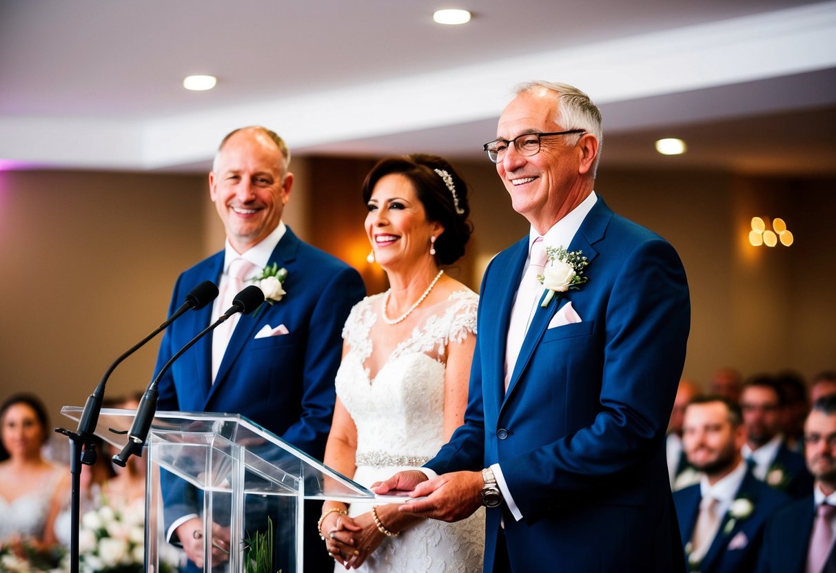 The groom's parents stand at the podium, smiling, as they prepare to deliver their heartfelt wedding speech