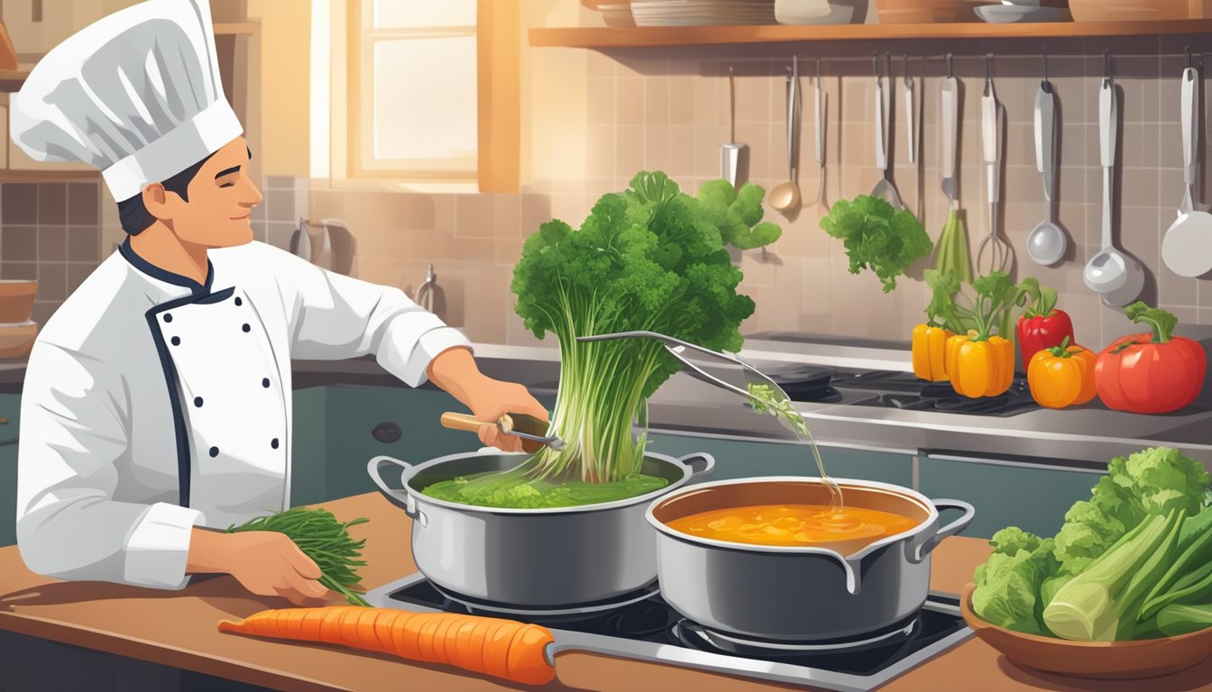 A chef pouring a ladle of homemade vegetable stock into a pot of simmering soup, with various fresh vegetables and herbs on the counter nearby