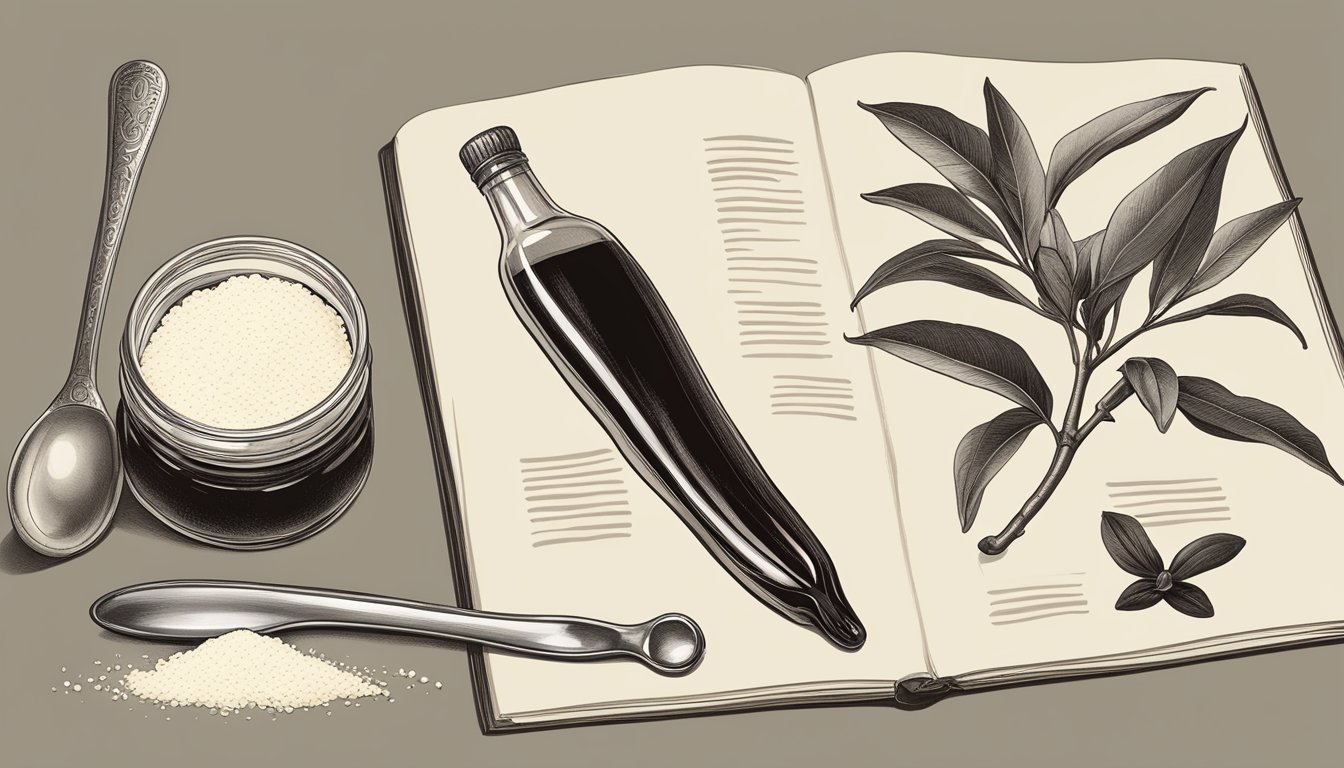 A vanilla bean pod next to a bottle of vanilla extract, with a measuring spoon and a recipe book open to a page about vanilla substitution