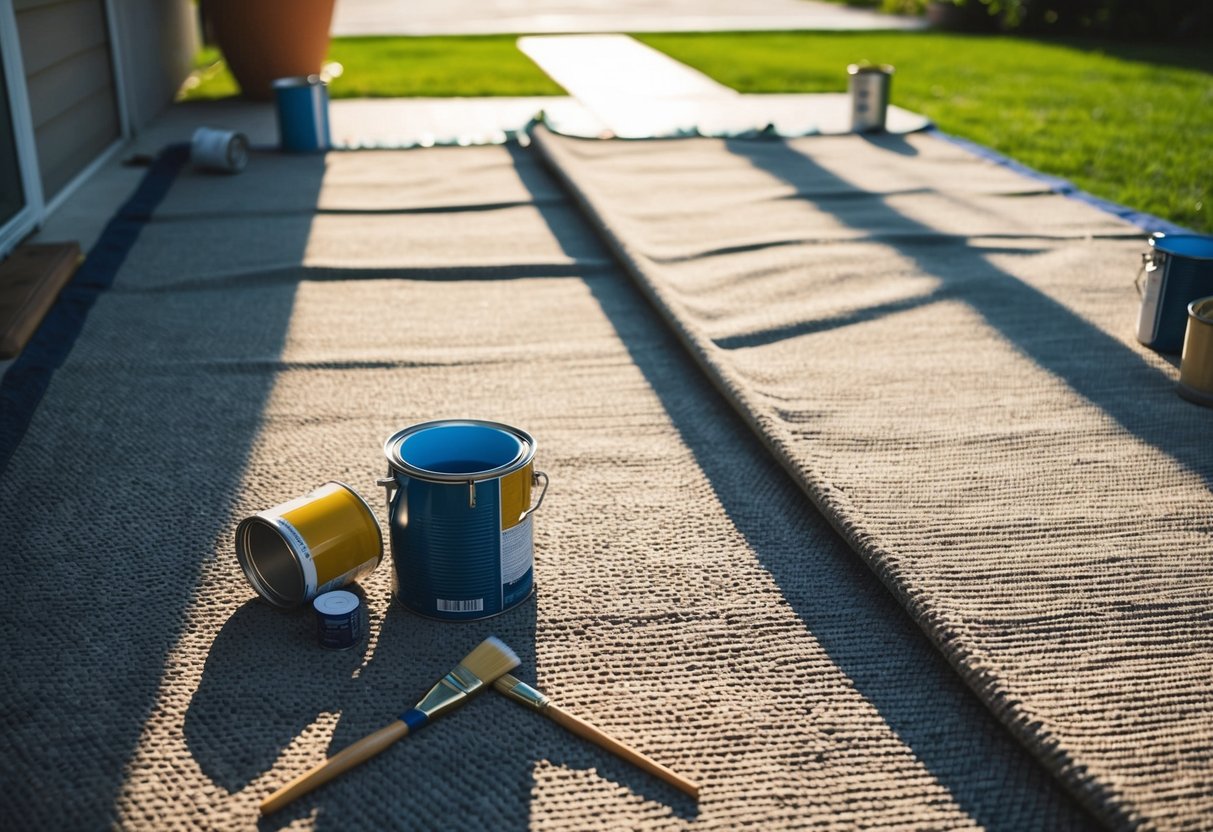 An outdoor rug laid out on a patio, surrounded by paint cans and brushes. The sun is shining, casting shadows on the textured surface of the rug