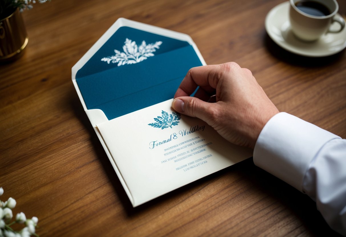 A hand placing a formal wedding invitation into an envelope