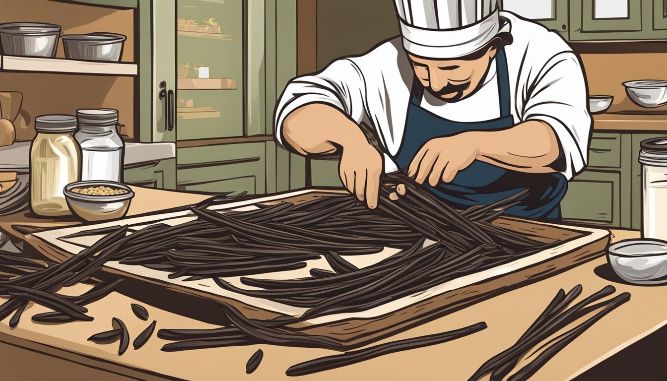 A chef measuring and scraping out vanilla beans from the pods to use as a substitute for vanilla extract in a recipe