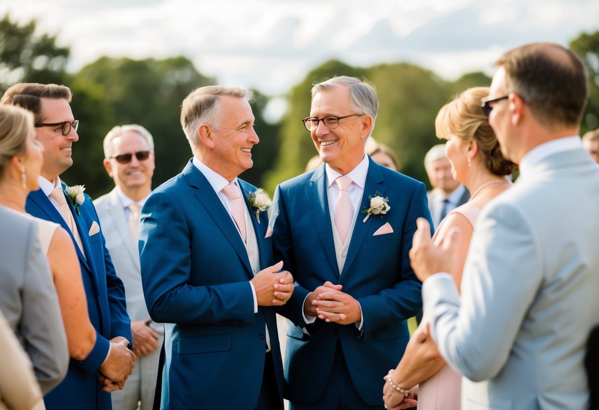 Groom's parents stand together, speaking to the wedding guests with confidence and warmth. Their body language exudes pride and joy