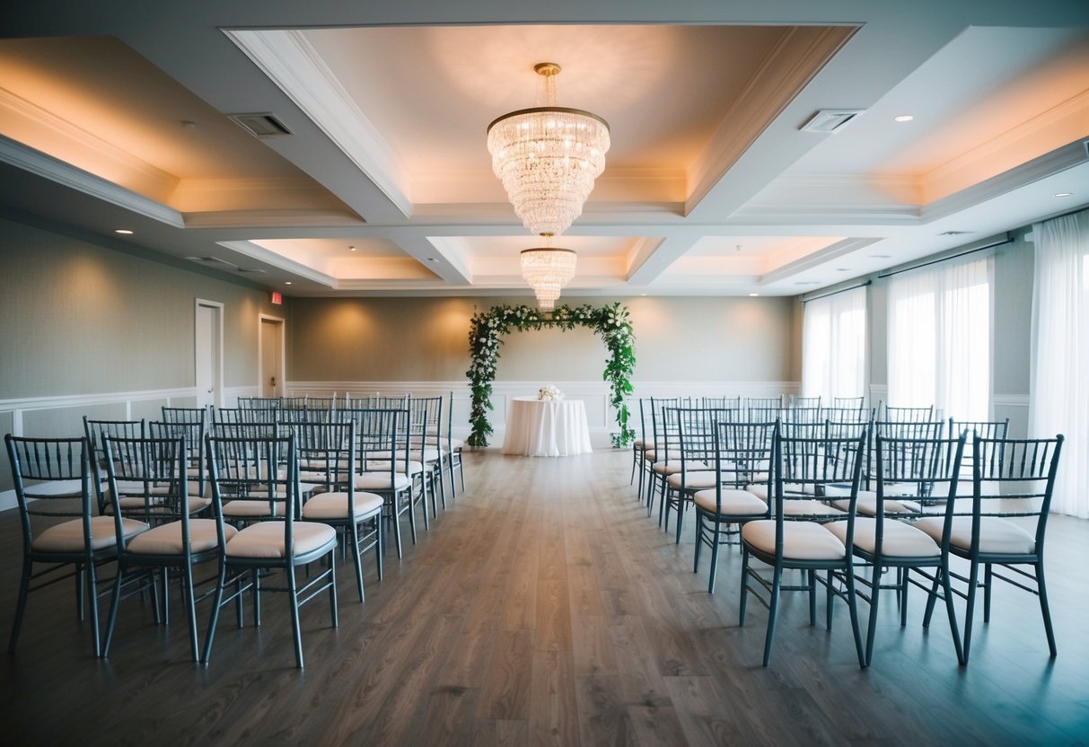 An empty wedding venue with chairs and decorations, but no guests