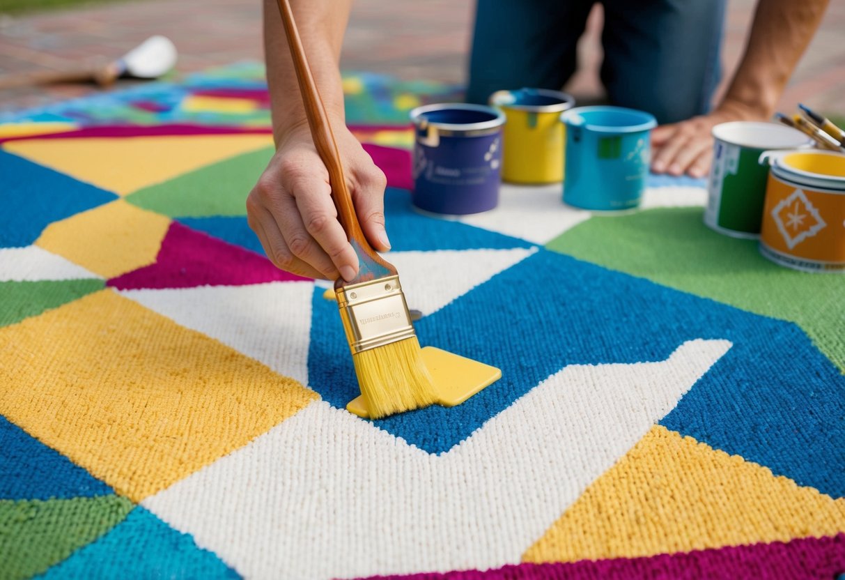 A colorful outdoor rug being painted with weather-resistant acrylic paint in a geometric design, surrounded by paintbrushes and stencils