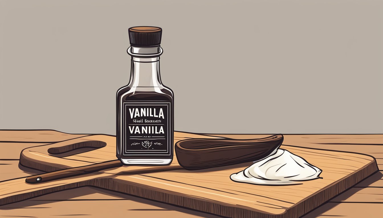 A small bottle of vanilla extract next to a split vanilla bean on a wooden cutting board. A measuring spoon sits nearby