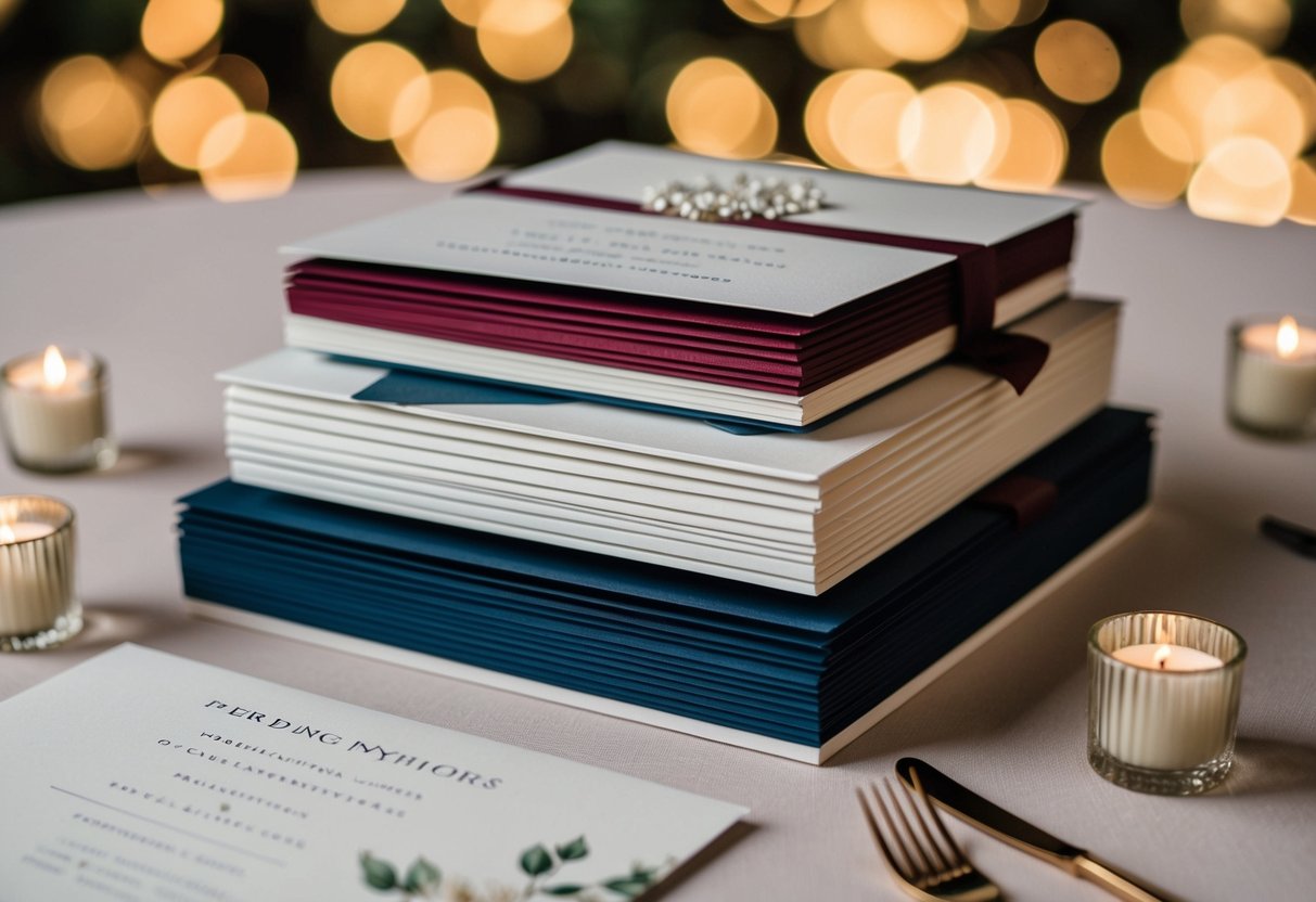 A stack of elegant wedding invitations with diverse designs and colors