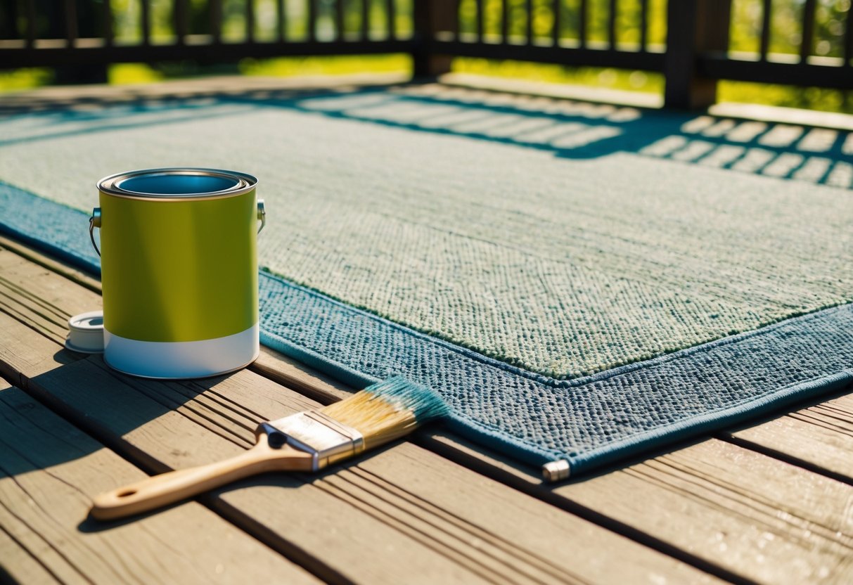 An outdoor rug laid out on a wooden deck, with a can of weather-resistant paint and a paintbrush nearby. Sunlight filters through nearby trees