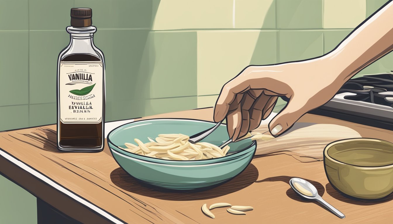 A hand reaching for a vanilla bean pod next to a bottle of vanilla extract on a kitchen counter. A measuring spoon sits nearby