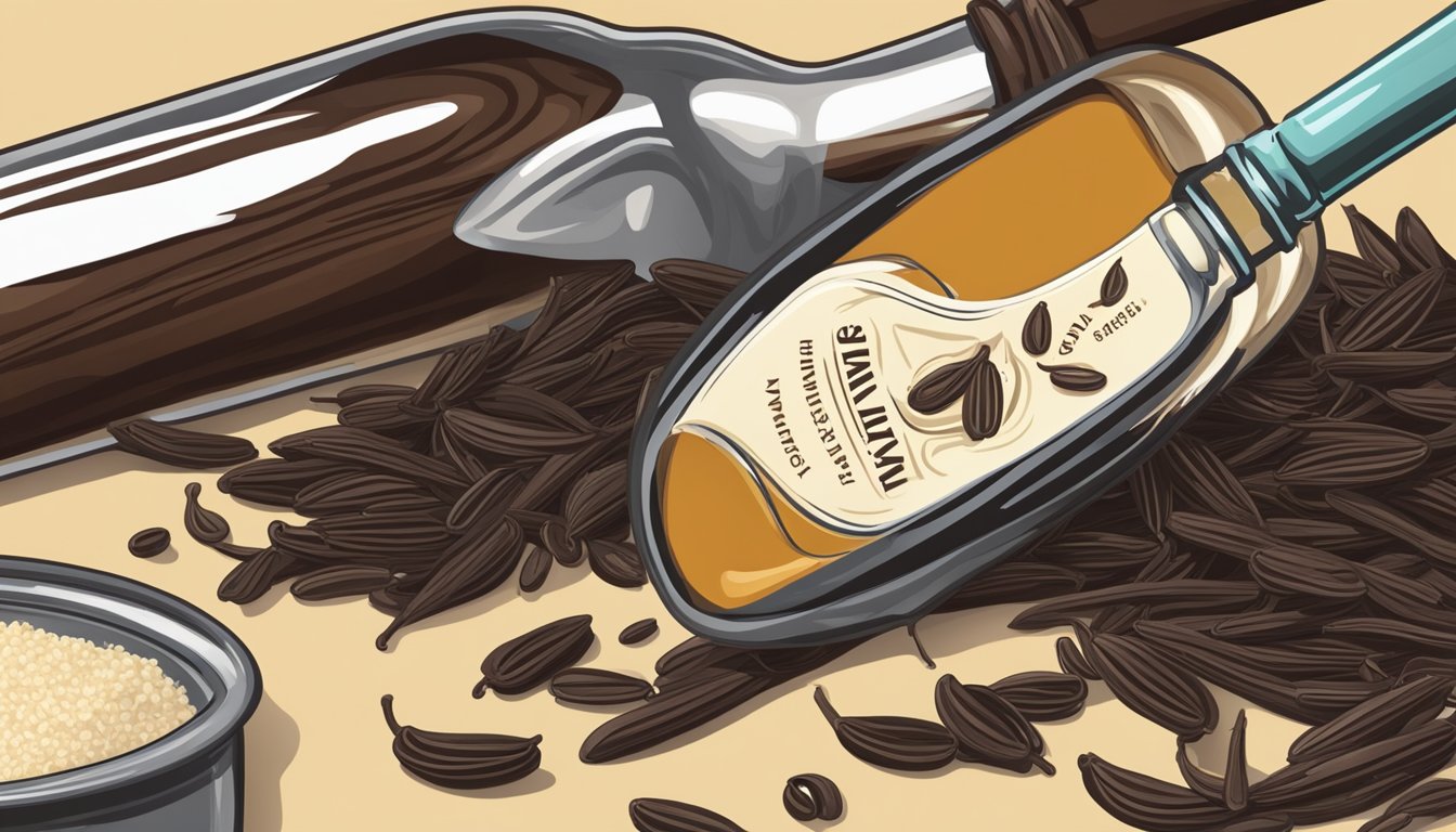 A bottle of vanilla extract next to a pile of vanilla beans, with a measuring spoon pouring out the extract