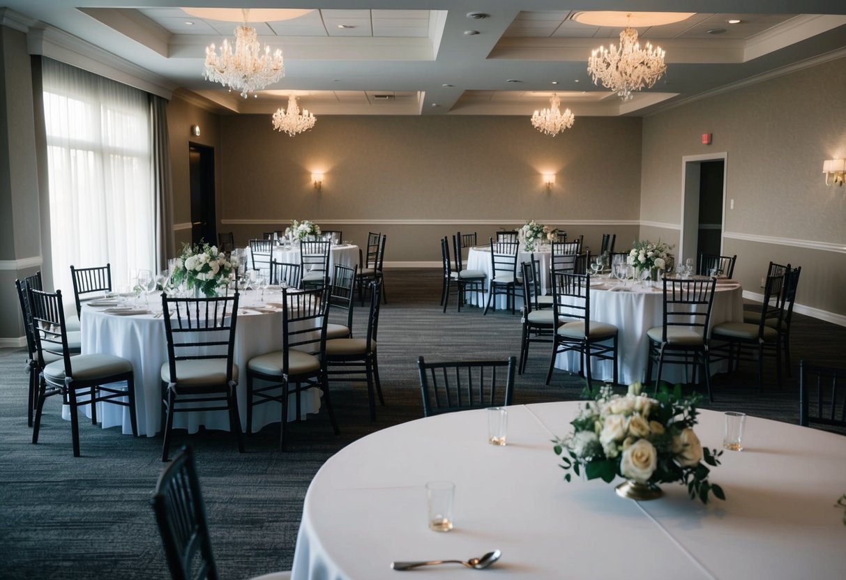 A deserted wedding venue with empty chairs and an untouched banquet table, symbolizing the absence and impact of non-attendance