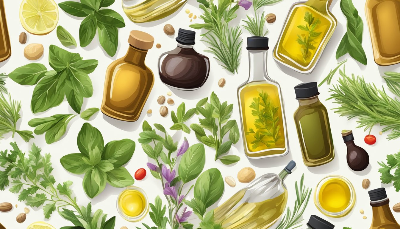 A bottle of Italian dressing and vinaigrette surrounded by fresh herbs, olive oil, vinegar, and various spices on a kitchen counter