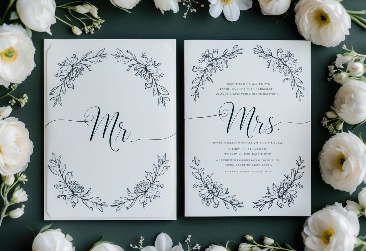 A pair of elegant wedding invitations, one with "Mr." and the other with "Mrs." written in beautiful calligraphy, surrounded by delicate floral designs