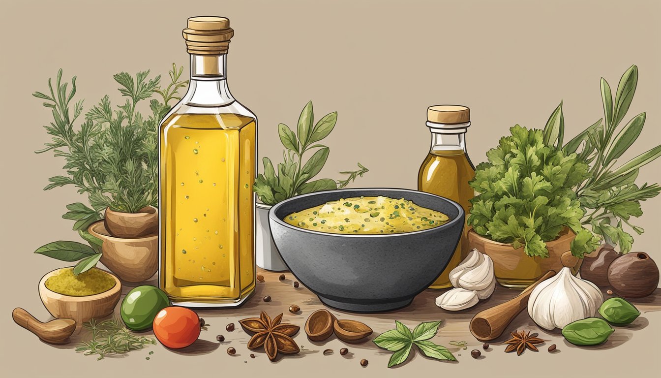 A bowl of vinaigrette sits next to a bottle of Italian dressing, surrounded by various ingredients like olive oil, vinegar, herbs, and spices