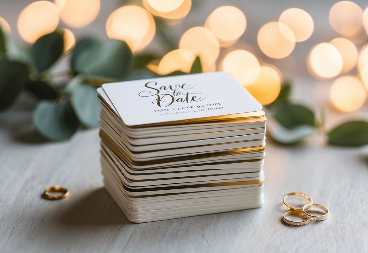 A stack of elegant save the date cards with surnames