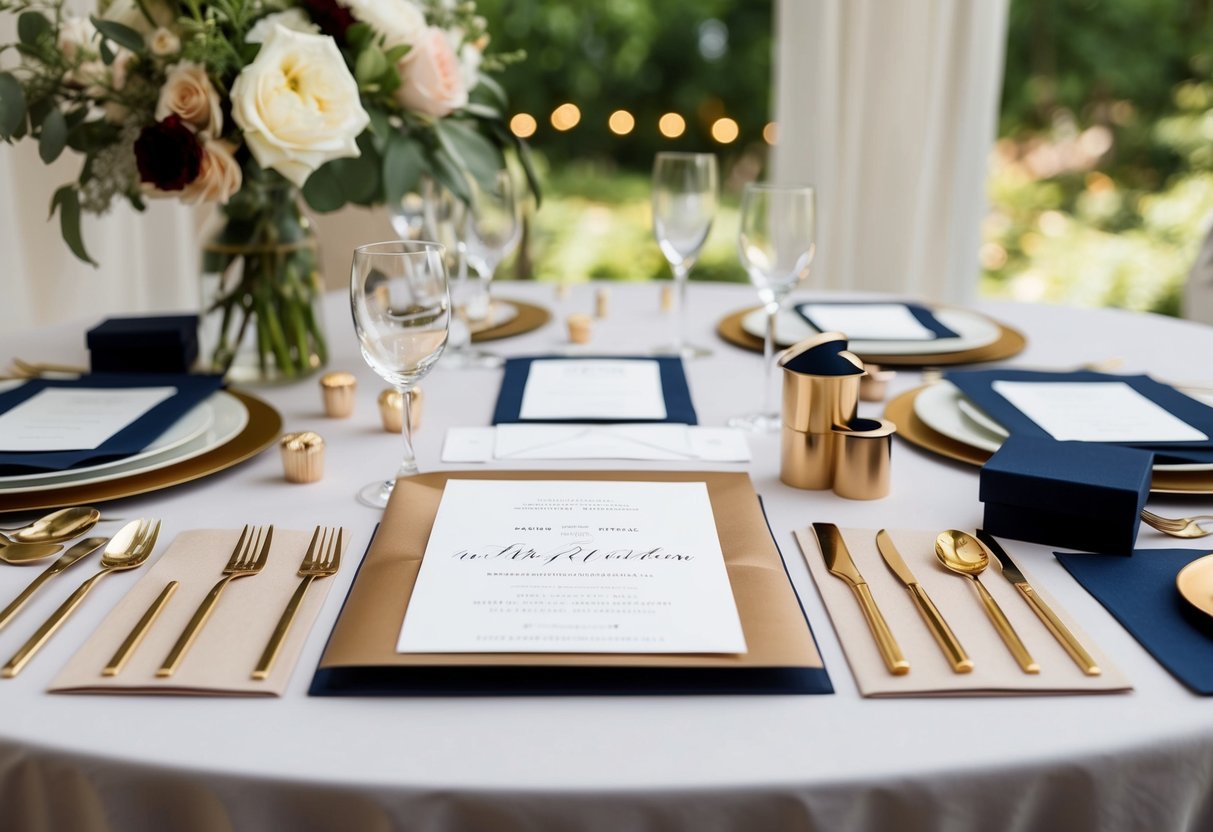 A table set with elegant wedding invitation materials and design tools