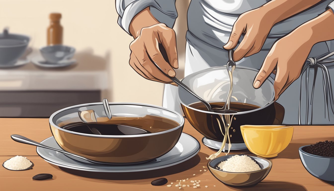 A chef pouring vanilla extract from a bottle into a measuring spoon, with a bowl of vanilla beans nearby