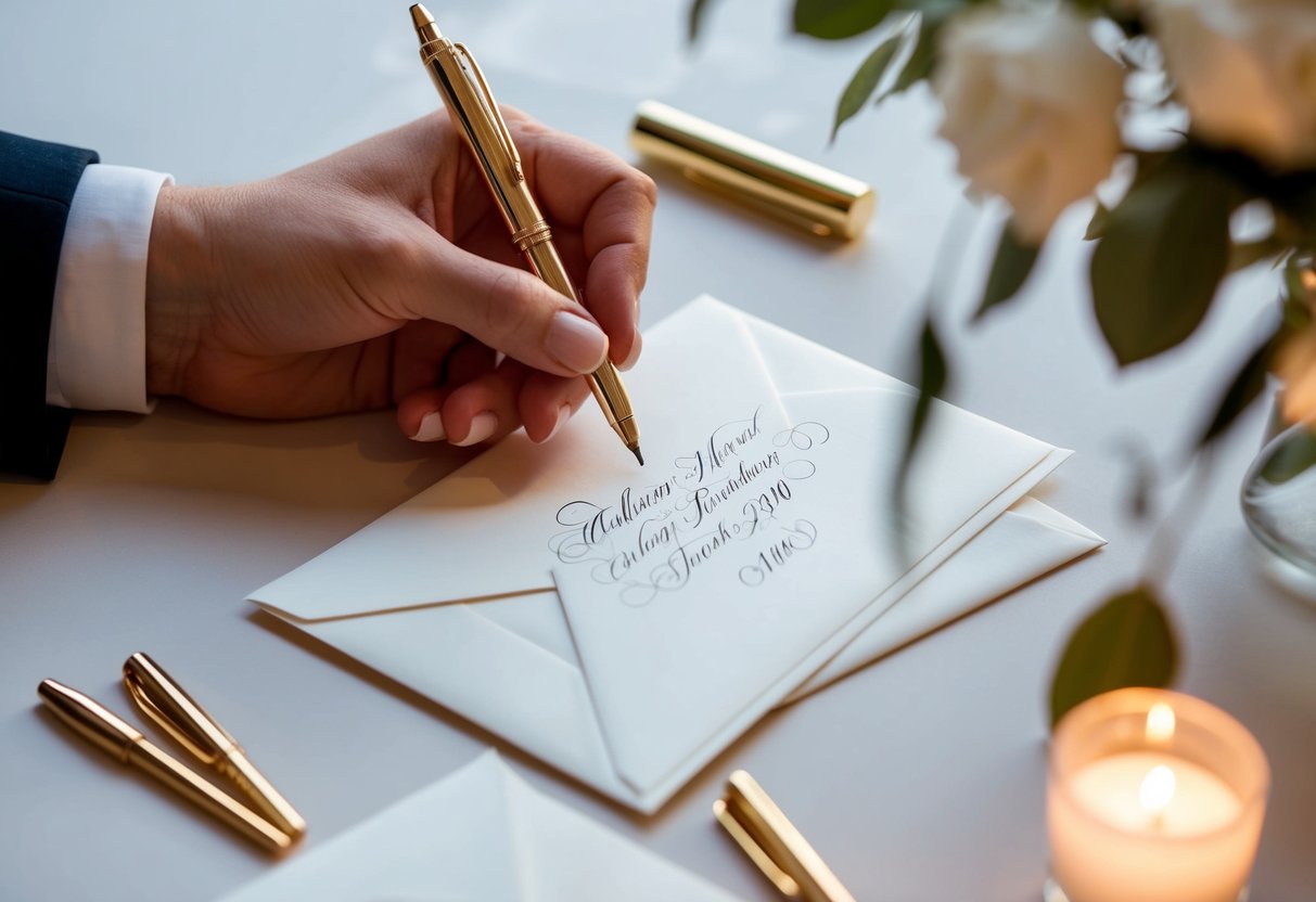 A hand holding a calligraphy pen addresses elegant wedding envelopes with precision