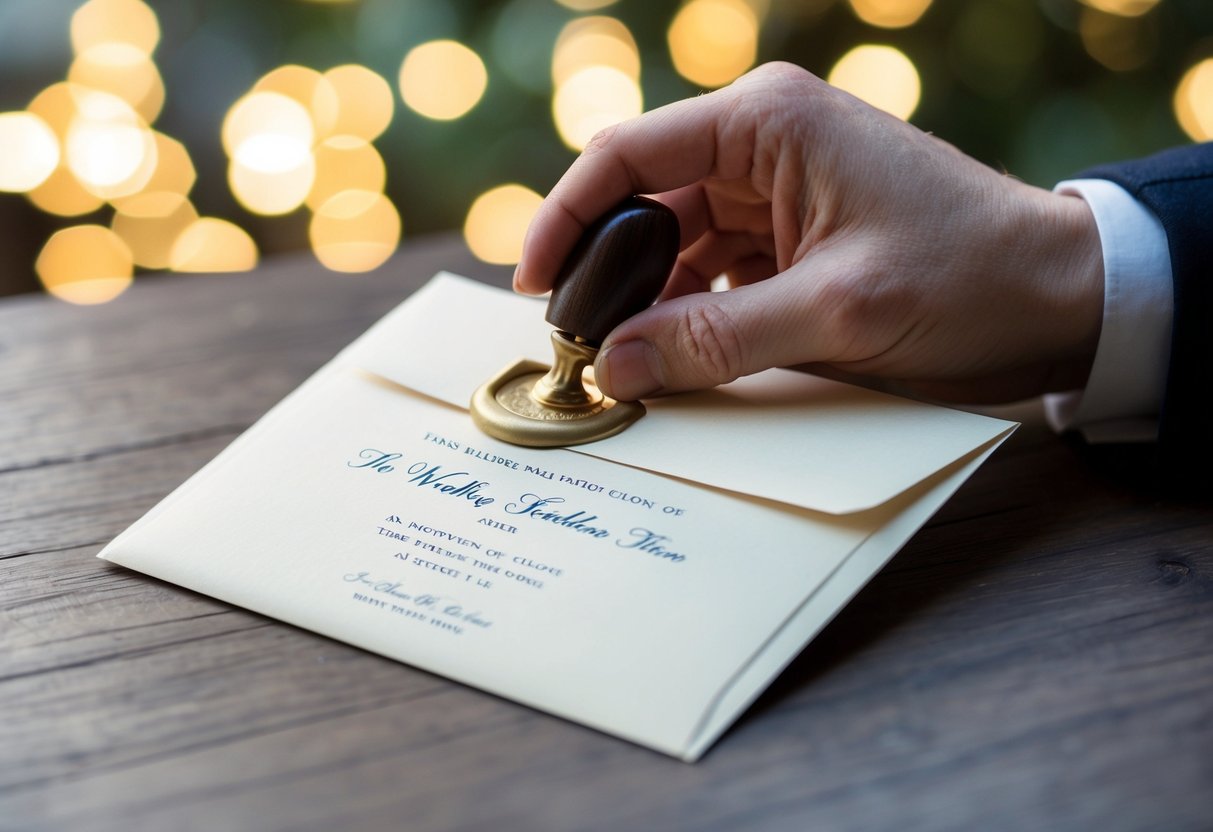 A hand placing a formal wedding invitation into an envelope, sealing it with a wax stamp