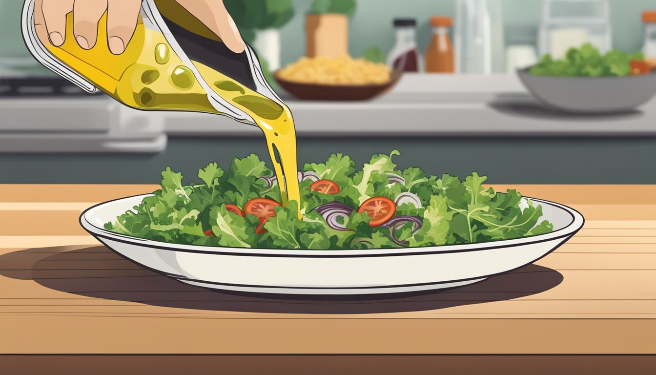 A bowl of mixed greens with a drizzle of vinaigrette being poured over them, with a bottle of Italian dressing in the background