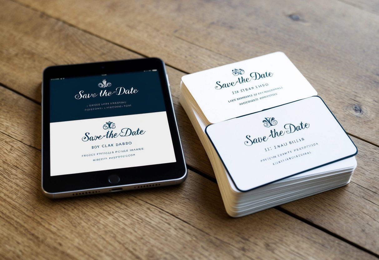 A digital device next to a stack of physical save-the-date cards, both featuring elegant designs and the surnames of the couple prominently displayed